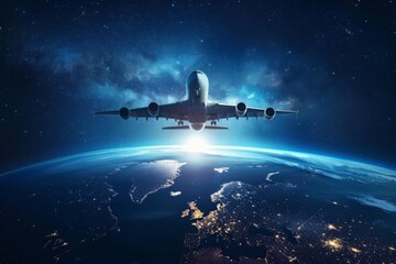 Obraz na płótnie Canvas Airplane icon flying around planet Earth, global travel and transportation concept