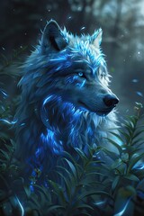 Blue glowing wolf in a mystical forest setting. Digital art animal portrait with fantasy concept for poster and book cover design. Close-up with illuminated details - obrazy, fototapety, plakaty