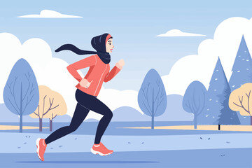 Hijab Woman Running in Flat Design Illustration