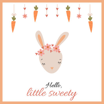 Cute vector postcard with a little bunny, flowers and carrots
