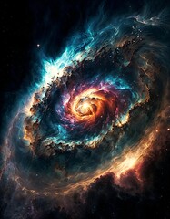 Depiction of a galaxy, filled with a swirl of stars and cosmic dust in a spectrum of colors