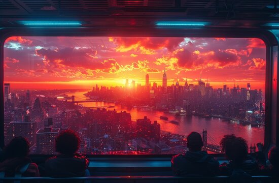 Fototapeta Image shows a striking cityscape at sunset seen from a train window, with people silhouetted against the vibrant skyline