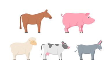 Collection of cute cartoon characters isolated on white background. Farm animals set in flat style. Husbandry set pig, duck, rabbit, sheep, donkey, cow, horse, rooster, chicken, goose. Vector.