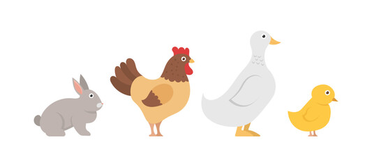 Collection of cute cartoon characters isolated on white background. Farm animals set in flat style. Husbandry set pig, duck, rabbit, sheep, donkey, cow, horse, rooster, chicken, goose. Vector.