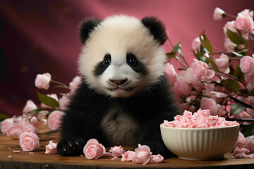 A baby panda in a pink tutu, enjoying a bamboo snack on a pink background.
