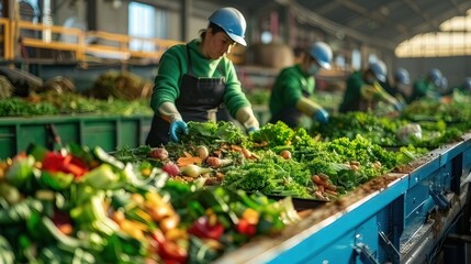 A place where food waste is recycled, and workers separate natural waste for composting, showing how to manage waste in a good way