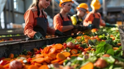 A place where food waste is recycled, and workers separate natural waste for composting, showing how to manage waste in a good way - obrazy, fototapety, plakaty