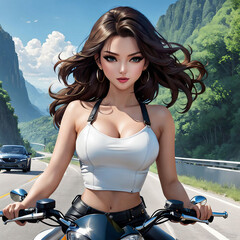 Fototapeta na wymiar Animated racing girl riding a motorcycle