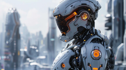 Close-up of a futuristic robot with intricate design details, set against a blurry cityscape background suggesting a high-tech urban environment.