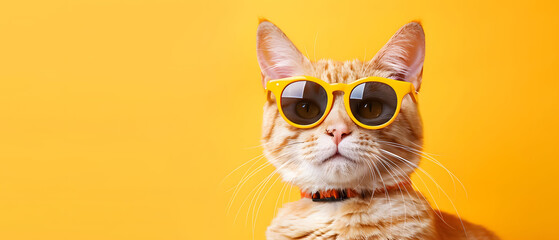 Sunglasses-clad cat with trendy style, plain background Empty foreground for text