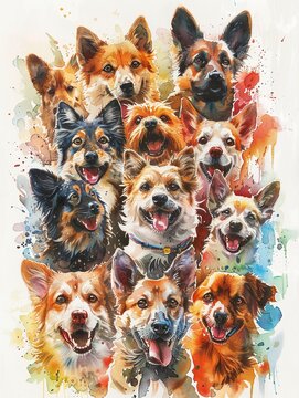 Vibrant watercolor knolling of cute dogs, playful and bright, cheerfully arranged, charmingly depicted