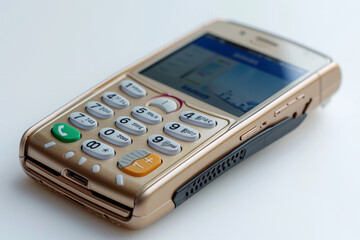 Exuding nostalgia, a golden vintage mobile phone is displayed isolatingly on a white background, harking back to early 2000s