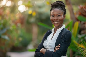 Confident Young Black Business Woman Smiling Outdoors, Successful Female Entrepreneur Portrait, Lifestyle Photo - obrazy, fototapety, plakaty