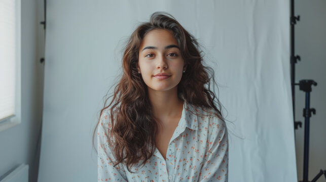 A young woman with long wavy hair and a casual shirt smiles softly, posing before a neutral background with natural light illuminating her features.