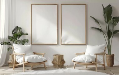 Mockup frame close up in coastal style home interior background, 3d render