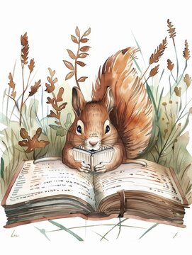 Curious Squirrel Reading Book in Autumnal Woodland Environment
