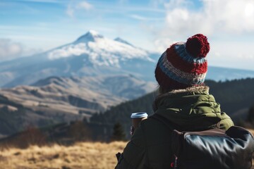 solo traveler with a durable coffee cup gazing at a distant mountain top
