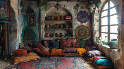A cozy, eclectic room filled with colorful cushions, rugs, and ethnic decor. Patterns and textures are abundant