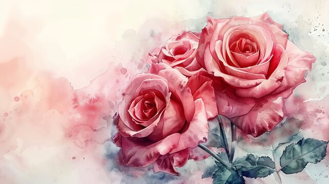 Delicate watercolor of romantic roses, their petals soft and lush, embodying Valentines elegance against a backdrop of blissful hues