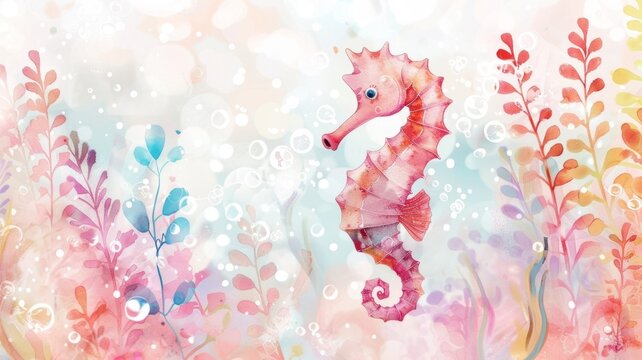 Enchanting Seahorse Amid Vibrant Underwater Coral Reef and Seaweed Landscape