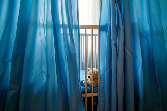 blue curtains in a baby room with a teddy bear peeking