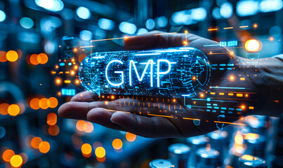 Good Manufacturing Practices GMP concept. Holographic projection displaying GMP standards related to quality control, compliance, regulation in pharmaceutical and healthcare industries