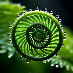 A verdant fern frond, tightly coiled, gracefully unwinds, unveiling its intricate network of veins adorned with shimmering morning dew, all captured in exquisite detail through a close-up or macro len - obrazy, fototapety, plakaty