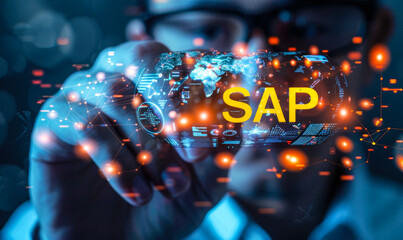 SAP Systems, Applications and Products, enterprise software solutions concept. Globe surrounded by application icons, representing integrated business management systems & data processing capabilities