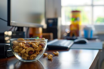 desk with a clear bowl of mixed nuts near a workstation