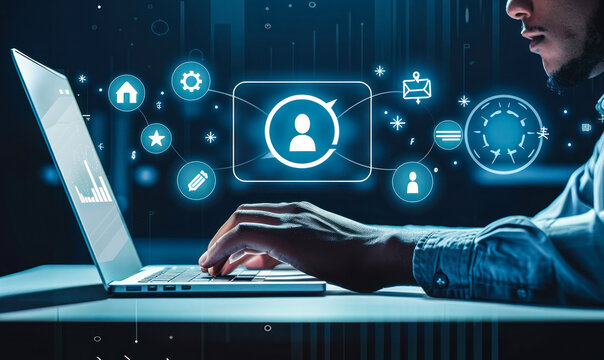 ORM Online reputation management visualized through holographic icons, importance of monitoring and influencing digital presence, brand image, and public perception in the modern interconnected world