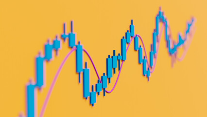 Close-up rising stock market chart, orange background. Graph, moving up, business, concept. 3D illustration