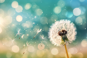 Dandelion flower and seeds in sunlight blowing away across blue background