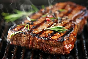 Delicious New York strip steak, grilled to perfection, juicy beef cut with appealing grill marks, close-up food photography - obrazy, fototapety, plakaty