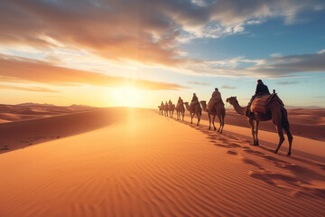 Desert camel caravan traveling through sand dunes AI Generative