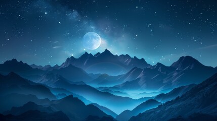 Moonlit Night Over Misty Mountain Ranges. 