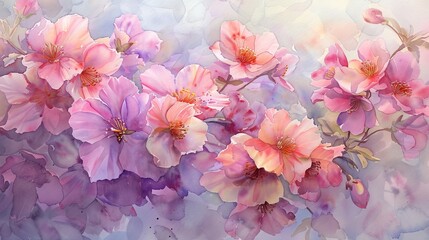 A symphony of sweetheart blossoms in watercolor, their tender tints of lavender and pink intertwined with Valentines artistry, whispering loves promise - obrazy, fototapety, plakaty