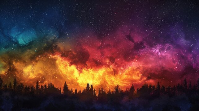 Vibrant Cosmic Nebula Over Pine Forest. 