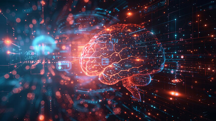 Digital illustration of a human brain superimposed with futuristic circuitry and glowing nodes. Abstract representation of artificial intelligence and cognitive computing - obrazy, fototapety, plakaty