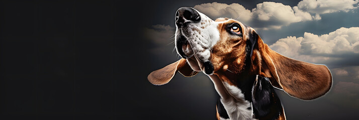 A basset hound s ears in flight Copy space image Place for adding text or design - obrazy, fototapety, plakaty