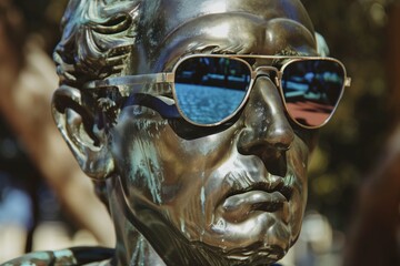 bronze scholar statue donning reflective wayfarer shades