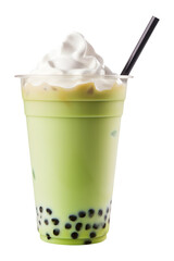 Matcha green tea with pearl, boba, bubble milk tea in glass isolated on transparent background, png