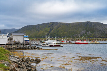 Fototapeta na wymiar Skarsvag fishing village in Mageroya, Nordkapp in Finnmark County in Norway