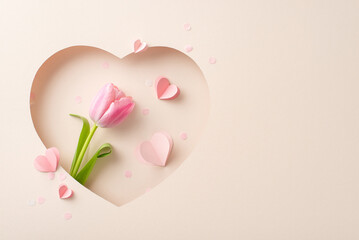 Mother's Day sophisticated wallpaper idea. Top view of lush tulip, cherished hearts, confetti,...