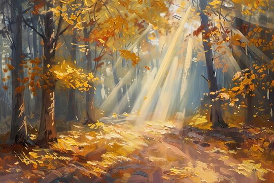 Enchanting Sun Beams Filtering Through Autumn Forest, Golden Light and Shadows, Landscape Oil Painting