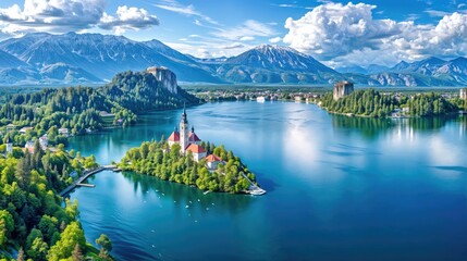 A lake is surrounded by mountains and a small island with a church in the middle.jpg - Powered by Adobe