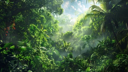 Foto auf Acrylglas A lush green forest filled with palm trees and ferns, perfect for a summer escape Generative AI © Satyam