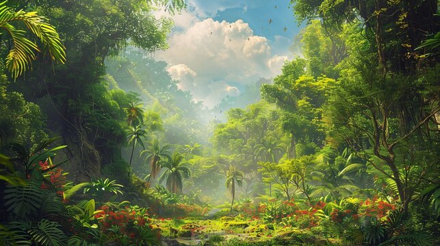 A lush, tropical forest filled with vibrant colors and exotic flora, as seen in the image 'A Rainbow of Life'. Generative AI