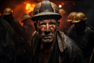 Resilient Coal Miner at Work. Coal miner wearing a dirty helmet with a headlamp. His face and clothes are covered in coal dust, indicating a long day of work underground. Generative AI