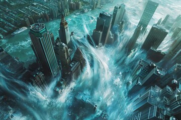 Flooding City with Turbulent Waters from Tsunami, Biblical Revelation Final Events Illustration - obrazy, fototapety, plakaty