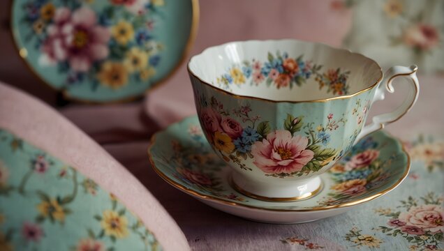 A vintage teacup set with delicate floral patterns in a riot of Victorian pastels Generative AI